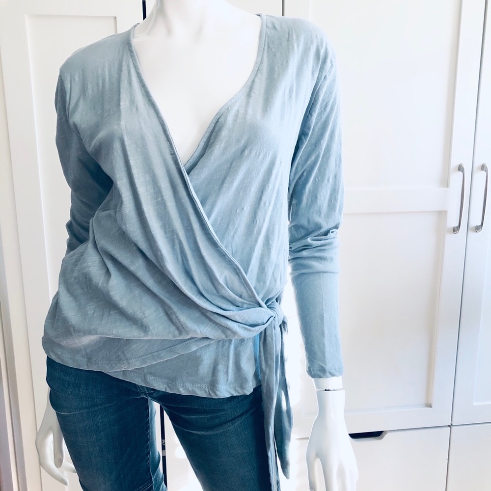 Lush blue grey wrap long sleeve top with side tie